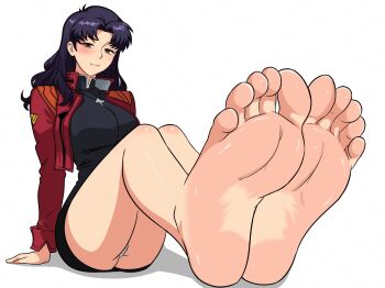1girl bare_legs barefoot black_dress blush breasts brown_eyes closed_mouth commentary cropped_jacket cross cross_necklace dress ediczxon english_commentary eyelashes feet foot_focus foreshortening full_body highres jacket jewelry katsuragi_misato knees_up large_breasts legs legs_together long_hair long_sleeves looking_at_viewer necklace neon_genesis_evangelion open_clothes open_jacket panties parted_bangs purple_hair red_jacket short_dress simple_background soles solo toes underwear white_background white_panties