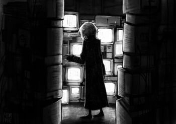 1girl absurdres artist_name backlighting canvas_texture coat computer crimescenepartz crt dark dark_room faux_traditional_media from_behind full_body greyscale highres indoors looking_at_screen marie_(peripeteia) monitor monochrome multiple_monitors peripeteia pointing pointing_at_object popped_collar reflective_floor screen_light short_hair solo standing trench_coat