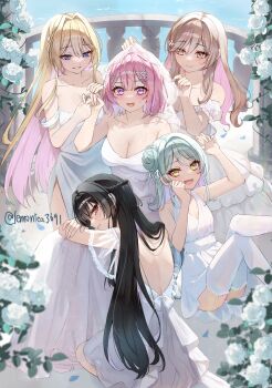 Rule 34 | 5girls, absurdres, amaori renako, backless dress, backless outfit, bare shoulders, black hair, blonde hair, blue eyes, blue hair, blush, braid, breasts, bridal veil, bride, brown eyes, brown hair, cleavage, commentary request, day, dress, female focus, flower, garter straps, hair bun, half up braid, harem, highres, jewelry, koto satsuki, koyanagi kaho, large breasts, laying head on another, lemon t, long hair, medium hair, multiple girls, off-shoulder dress, off shoulder, open mouth, outdoors, ouzuka mai, parted lips, pink hair, polyamory, polygamy, purple eyes, red eyes, ring, sena ajisai, single side bun, smile, sweat, thighhighs, twitter username, veil, watashi ga koibito ni nareru wake naijan murimuri!, wedding dress, wedding ring, white dress, white flower, white thighhighs, wife and wife and wife, yellow eyes, yuri