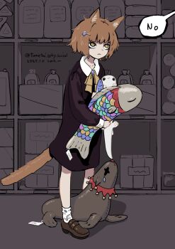 1girl animal animal_ears black_dress bluesky_username brown_eyes brown_hair brown_shoes cat_ears cat_tail dated dress expressionless fish gregor_(tsurunoka) hair_ornament hairclip highres holding holding_animal holding_fish long_sleeves original shadow shelf shoes short_hair socks speech_bubble tail tsumetai_(tsurunoka) white_socks