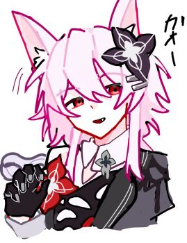 1girl bare_shoulders black_flower black_gloves cat_girl colored_eyebrows evernight_(honkai:_star_rail) flower gloves hair_flower hair_ornament hand_up highres honkai:_star_rail honkai_(series) hosiimokennpi long_hair looking_at_viewer march_7th_(honkai:_star_rail) open_mouth pink_hair red_eyes red_flower sharp_teeth simple_background teeth translation_request