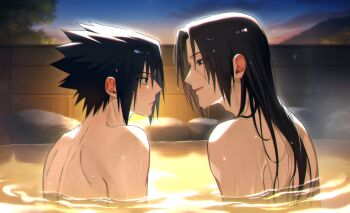 2boys black_hair brick_wall brothers facial_mark hair_between_eyes highres light_frown long_hair looking_at_another male_focus multiple_boys naruto_(series) onsen outdoors parted_bangs parted_lips partially_submerged ppagtu short_hair siblings spiked_hair topless_male uchiha_itachi uchiha_sasuke upper_body wet wet_hair yaoi