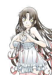 Rule 34 | 1girl, bare arms, black hair, breasts, chest tattoo, cleavage, closed mouth, commentary request, cowboy shot, dress, fate/extra, fate/extra ccc, fate/grand order, fate (series), forehead tattoo, frilled dress, frills, heart, heart hands, huge breasts, long hair, looking at viewer, multicolored hair, parted bangs, pink hair, pink ribbon, pink thighhighs, ribbon, sessyoin kiara, simple background, sleeveless, sleeveless dress, slit pupils, smile, solo, streaked hair, takuteks, tattoo, thighhighs, very long hair, white background, white dress