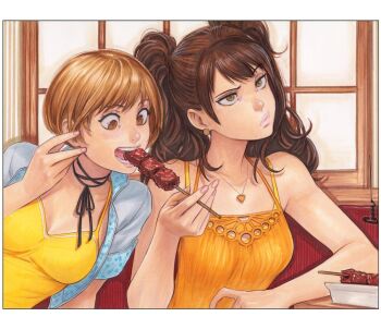 2girls artist_name bare_shoulders bob_cut breasts brown_hair cleavage cropped_jacket dress earrings eating food heart heart_necklace holding holding_food holding_skewer indoors jewelry kujikawa_rise long_hair medium_breasts multiple_girls neck_ribbon necklace omar_dogan persona persona_4 persona_4_the_golden plate ribbon satonaka_chie short_hair short_sleeves skewer steak table teeth twintails window yellow_dress