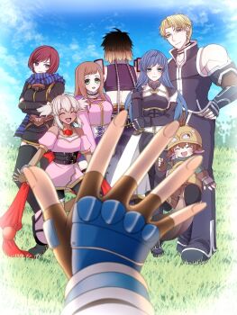 4boys 4girls albel_nox blonde_hair breasts brown_hair cliff_fittir closed_mouth cloud fayt_leingod fingerless_gloves gloves grass green_eyes hair_ornament highres long_hair looking_at_viewer maria_traydor multiple_boys multiple_girls nel_zelpher open_mouth roger_s._huxley skirt smile sophia_esteed peppita_rossetti standing star_ocean star_ocean:_till_the_end_of_time tomoriamakuro