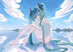 Rule 34 | 1girl, blue hair, hatsune miku, kaguyamaou, long hair, one-piece swimsuit, swimsuit, twintails, vocaloid, white one-piece swimsuit