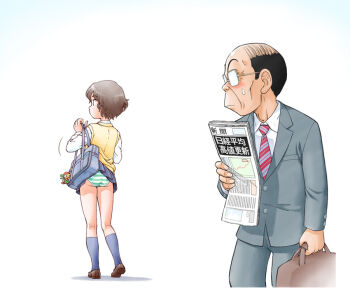 1boy 1girl accidental_exposure accidental_pervert age_difference arm_at_side ass bag bag_charm bald black_hair blue_bag blush border briefcase brown_bag brown_footwear brown_hair character_charm charm_(object) cheekbones closed_mouth clothes_lift clueless collared_shirt comb_over commentary cowboy_shot diagonal-striped_clothes diagonal-striped_necktie dig_dug dress_shirt facing_away formal_clothes from_behind full_body glasses green_panties grey_jacket grey_necktie grey_pants grey_skirt grey_socks grey_suit hand_up holding holding_bag holding_briefcase holding_newspaper jacket kneehighs kumazura_chuu loafers long_sleeves looking_at_another looking_to_the_side motion_lines necktie newspaper old old_man opaque_glasses original over-rim_eyewear panties pants pantyshot pleated_skirt pooka_(dig_dug) rectangular_eyewear red_necktie school_bag school_uniform semi-rimless_eyewear shadow shirt shoes short_hair simple_background skirt skirt_caught_on_object skirt_lift socks standing striped_clothes striped_panties suit suit_jacket sweatdrop sweater_vest translated two-tone_necktie underwear unlikely_accident voyeurism walking wardrobe_malfunction wavy_hair white_background white_border white_panties white_shirt wrinkled_skin yellow_sweater_vest