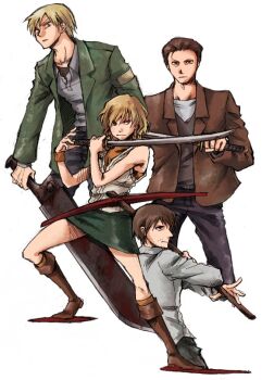1girl 3boys bad_id bad_pixiv_id blonde_hair breasts father_and_daughter great_knife harry_mason heather_mason henry_townshend jacket james_sunderland kashi-wa katana knife miniskirt multiple_boys pickaxe short_hair silent_hill silent_hill_(series) silent_hill_2 silent_hill_3 silent_hill_4:_the_room skirt sleeveless sleeveless_turtleneck sword turtleneck vest weapon
