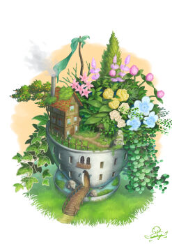 absurdres balcony blue_flower bridge building bush chimney door fence flower flower_pot grass green_flag highres house moss murakoyafactory no_humans orange_tree original path pink_flower plant purple_flower road rock scenery smoke vines white_background white_flower wooden_bridge wooden_fence yellow_flower