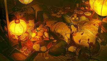 1girl black_shoes cake castella_(food) colorful_palette covering_own_mouth dress floral_print flower food fruit full_body game_cg glowing grey_hair highres holding holding_food kusanagi_nene lantern longevity_peach_bun official_alternate_costume official_alternate_hairstyle official_art project_sekai purple_eyes saikou_no_crank_up!_(project_sekai) shoes solo steamed_bun strawberry tassel teapot third-party_source white_flower