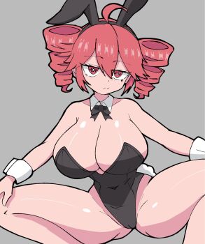 1girl ahoge alternate_breast_size_(larger) animal_ear_hairband animal_ears black_leotard breasts cleavage detached_collar drill_hair fake_animal_ears fake_tail grey_eyes hair_between_eyes hairband half-closed_eyes hands_on_own_knees highres hitorikanawo kasane_teto large_breasts leotard looking_at_viewer playboy_bunny rabbit_ear_hairband rabbit_ears rabbit_tail red_eyes red_hair red_leotard solo squatting strapless strapless_leotard tail twin_drills utau wrist_cuffs