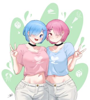 2girls :d alternate_costume arm_around_waist black_choker blue_eyes blue_hair blue_shirt blush breasts choker closed_mouth collarbone cowboy_shot crop_top cropped_shirt gift groin hair_ornament hair_over_one_eye hand_on_another&#039;s_hip hand_on_another&#039;s_waist hand_up large_breasts looking_at_viewer medium_breasts miarin141 midriff multiple_girls navel open_mouth pants pink_eyes pink_hair pink_shirt ram_(re:zero) re:zero_kara_hajimeru_isekai_seikatsu red_eyes rem_(re:zero) shirt short_hair short_sleeves siblings side-by-side signature sisters smile stomach teeth thigh_gap twins upper_teeth_only v white_pants x_hair_ornament