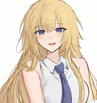 1girl bare_shoulders blonde_hair blue_necktie collared_shirt fate/apocrypha fate_(series) highres jeanne_d&#039;arc_(fate) jeanne_d&#039;arc_(girl_from_orleans)_(fate) long_hair looking_at_viewer necktie nekwnek purple_eyes shirt simple_background sleeveless sleeveless_shirt solo very_long_hair white_background white_shirt