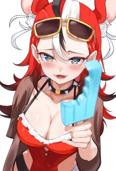 1girl :d absurdres animal_ears bikini black_streaks blue_eyes blurry blurry_foreground breasts collar collarbone dice dice_hair_ornament eyewear_on_head food food_bite from_above hair_ornament hakos_baelz hakos_baelz_(holonatsu_paradise) highres holding holding_food holding_popsicle hololive hololive_english ilie_ilie large_breasts light_blush looking_at_viewer lower_teeth_only mouse_ears mouse_girl multicolored_eyes multicolored_hair one-piece_swimsuit open_mouth popsicle red_bikini red_hair see-through_clothes see-through_shirt shirt simple_background smile solo spiked_collar spikes streaked_hair swimsuit teeth upper_body virtual_youtuber white_background white_streaks yellow-framed_eyewear