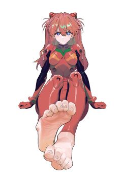 1girl absurdres annoyed barefoot blue_eyes blush bodysuit foot_focus futsie gloves hair_ornament hand_on_floor highres long_hair mecha_pilot_suit neon_genesis_evangelion on_floor orange_hair plugsuit_(evangelion) red_bodysuit red_gloves simple_background soles souryuu_asuka_langley white_background