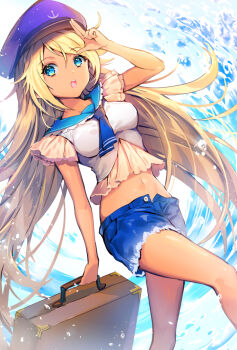 1girl anchor_print bare_arms bare_legs blonde_hair blue_eyes blue_hat blue_neckerchief blue_sailor_collar blue_shorts crop_top dark-skinned_female dark_skin ells floating_hair hat holding holding_suitcase long_hair midriff navel neckerchief open_mouth original print_hat sailor_collar sailor_shirt shirt short_shorts shorts solo standing stomach suitcase very_long_hair white_shirt