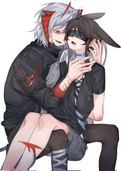 2girls amiya_(arknights) animal_ears antenna_hair arknights bare_legs black_jacket black_pantyhose black_shirt blindfold blue_choker brown_hair chinese_commentary choker commentary_request corrupted_twitter_file fangs feet_out_of_frame grey_hair hand_on_another&#039;s_neck highres horns jacket long_hair long_sleeves molu_stranger multiple_girls necktie open_mouth pantyhose rabbit_ears red_eyes saliva scar scar_on_arm shirt short_hair simple_background sitting sitting_on_lap sitting_on_person smile striped_necktie sweat tail_around_another&#039;s_leg tail_wrap w_(arknights) white_background yuri
