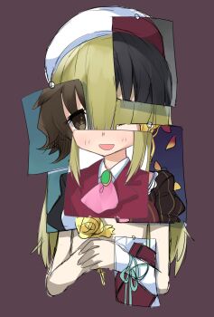 Rule 34 | 1girl, ascot, beatrice (umineko), beret, black hair, blonde hair, book, brooch, brown eyes, brown hair, clair vaux bernardus, commentary request, flower, gem, green gem, green ribbon, hat, highres, holding, holding book, jewelry, juliet sleeves, kanon (umineko), long hair, long sleeves, ningenimomusi, photo (object), pink ascot, puffy sleeves, red hat, ribbon, shannon (umineko), short hair, smile, spoilers, umineko no naku koro ni, ushiromiya lion, white hat, yasu (umineko), yellow flower