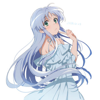 Rule 34 | 1girl, :<, anime coloring, bare shoulders, blue dress, ci31205, commentary request, dated, dress, finger to own chin, from behind, green eyes, grey hair, hands up, highres, index (toaru majutsu no index), long hair, looking at viewer, looking back, short sleeves, sidelocks, simple background, solo, spaghetti strap, toaru majutsu no index, white background