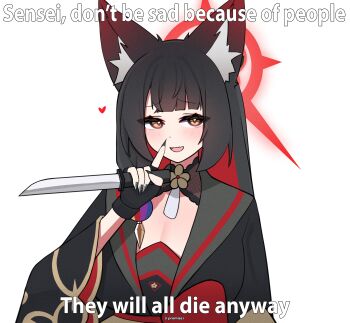 1girl absurdres animal_ear_fluff animal_ears black_gloves black_hair black_kimono blue_archive blush colored_inner_hair dagger fingerless_gloves fox_ears fox_girl gloves halo highres holding holding_dagger holding_knife holding_weapon japanese_clothes kimono knife looking_at_viewer multicolored_hair red_hair red_halo red_sash sash silenzuka solo two-tone_hair wakamo_(blue_archive) weapon yellow_eyes