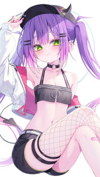 1girl 333shishishi333 :3 adjusting_clothes adjusting_headwear arm_up barbell_piercing baseball_cap belt bibi_(tokoyami_towa) black_choker black_hat black_shorts black_tank_top breasts center-flap_bangs choker cleavage closed_mouth colored_inner_hair crop_top cropped_jacket crossed_legs demon_girl demon_tail double-parted_bangs ear_piercing fake_horns fishnet_thighhighs fishnets gradient_hair green_eyes hair_between_eyes hair_ornament hairclip halterneck hat highres hololive horned_headwear horns industrial_piercing jacket jacket_partially_removed long_hair long_sleeves midriff multicolored_hair navel_piercing o-ring o-ring_choker parallel_hairclips piercing pink_hair pink_jacket pointy_ears purple_hair short_shorts shorts simple_background single_thighhigh sitting small_breasts solo spiked_ear_piercing streaked_hair tail tank_top thigh_strap thighhighs tokoyami_towa tokoyami_towa_(1st_costume) twintails two-sided_fabric two-sided_jacket virtual_youtuber white_background white_belt white_jacket