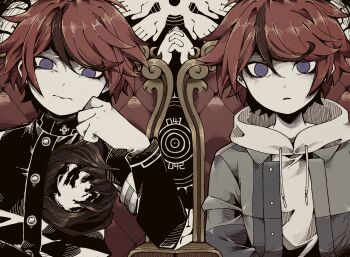2boys akesenyou armband black_streaks blank_stare blue_eyes commentary drawstring dual_persona elbow_rest gakuran grey_jacket head_rest highres hole_in_chest hole_on_body hood hoodie jacket jacket_over_hoodie last_defense_academy_school_uniform looking_at_viewer male_focus multicolored_hair multicolored_jacket multiple_boys red_hair school_uniform short_hair sitting_on_throne streaked_hair sumino_takumi the_hundred_line_-last_defense_academy- throne two-tone_jacket white_armband white_hoodie