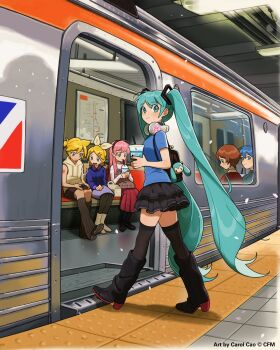 alternate_costume artist_name backpack bag black_eyes black_pantyhose black_shorts black_skirt blonde_hair blue_eyes blue_hair blue_shirt blue_sweater blush blush_stickers boots brother_and_sister brown_hair carol_cao character_doll coffee collar colored_eyebrows commentary cup doll dress drink earphones earrings english_commentary full_body hair_ornament hairband hairclip hatsune_miku hatsune_miku_expo headphones headphones_around_neck highres holding holding_cup hood hoodie jewelry kagamine_len kagamine_rin kaito_(vocaloid) layered_skirt leg_warmers listening_to_music long_hair looking_at_viewer looking_down low_twintails map megurine_luka meiko_(vocaloid) milkshake musical_note number_tattoo official_art open_mouth pantyhose parallel_hairclips phone pink_hair pink_sweater ponytail purple_skirt red_dress red_sweater shared_earphones shirt shoes short_hair shorts siblings sitting skirt sleeveless sleeveless_hoodie smile spoken_musical_note square_hair_ornament subway subway_map sweater tattoo thighhighs train twintails vocaloid walking zettai_ryouiki