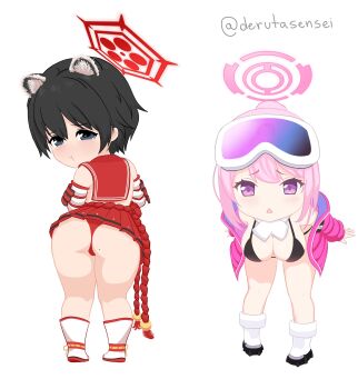 2girls absurdres animal_ears ass bent_over bikini black_bikini black_eyes black_hair blue_archive blush breasts chibi chibi_only cross-laced_clothes derutasensei eimi_(blue_archive) eimi_(swimsuit)_(blue_archive) extra_ears goggles goggles_on_head hair_between_eyes halo highres jacket large_breasts long_hair looking_at_viewer mole mole_on_ass multiple_girls official_alternate_costume open_clothes panties pink_eyes pink_hair pink_halo pink_jacket ponytail pout raccoon_ears raccoon_girl red_halo red_panties red_sailor_collar red_skirt rope_belt sailor_collar scarf short_hair sideless_outfit signature simple_background ski_goggles skirt swimsuit tsubaki_(blue_archive) underwear white_background white_scarf