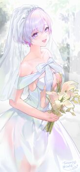 1girl absurdres alternate_costume bouquet breasts bridal_veil bride colored_inner_hair commentary_request dress flower goddess_of_victory:_nikke grey_hair highres holding holding_bouquet korean_commentary liliweiss_(nikke) mibe_(goforit_mibe) multicolored_hair pink_hair shiny_eyes solo star-shaped_pupils star_(symbol) symbol-shaped_pupils twitter_username veil wedding wedding_dress white_dress white_flower