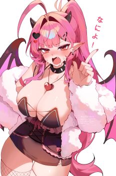 1girl absurdres ahoge artist_name black_collar black_horns blush breasts character_request cleavage collar commission copyright_request fang fishnet_thighhighs fishnets hair_ornament heart heart_hair_ornament heart_necklace highres horns huge_ahoge jewelry large_breasts long_hair necklace open_mouth pink_hair pink_nails pointy_ears skeb_commission solo spiked_collar spikes sweat thighhighs twitter_username weiic