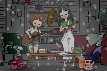 2girls acoustic_guitar black_hair bra_strap brown_hair chair closed_eyes collarbone disco_ball freckles girls_und_panzer globe green_shirt guitar gundam gundam_gquuuuuux holding holding_guitar holding_instrument holding_ukulele instrument long_hair m3_lee/grant military_vehicle motor_vehicle multiple_girls music ooarai_school_uniform overalls parody phonograph rabbit sakaguchi_karina school_uniform serafuku shirt short_hair short_shorts shorts singing sleeves_rolled_up strap_slip stuffed_animal stuffed_toy takahashi_kurage tank toy ukulele unworn_clothes white_overalls white_serafuku white_shirt yamagou_ayumi