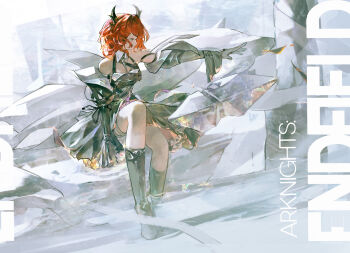 Rule 34 | 1girl, absurdres, arknights, arknights: endfield, black boots, black dress, boots, closed mouth, copyright name, detached sleeves, dress, gloves, grey gloves, highres, horns, laevatain (arknights), medium hair, off-shoulder dress, off shoulder, red hair, sitting, solo, surtr (arknights), zhong yangmei shu cc