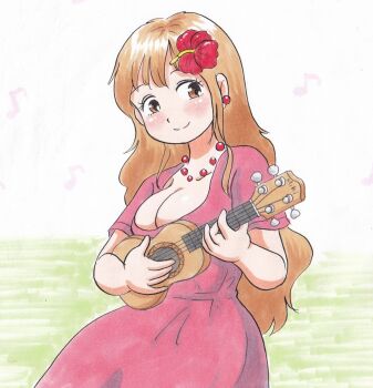 1girl blush breasts brown_eyes brown_hair cleavage collarbone dress earrings flower grass hair_flower hair_ornament highres holding holding_instrument instrument jewelry large_breasts long_hair looking_at_viewer marup music musical_note necklace original pearl_necklace playing_instrument red_dress short_sleeves smile standing traditional_media ukulele