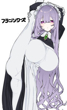 1girl absurdres apron arms_behind_head black_dress blush breasts brooch closed_mouth collared_dress commentary_request cowboy_shot double-parted_bangs dress eurasia_(wtp09ptw14) flexible francoise_(eurasia) gem green_gemstone hair_between_eyes highres huge_breasts jewelry leg_up long_bangs long_hair long_sleeves looking_at_viewer maid maid_headdress original pantyhose purple_eyes purple_hair simple_background solo split standing standing_on_one_leg standing_split translation_request very_long_hair white_apron white_background white_pantyhose