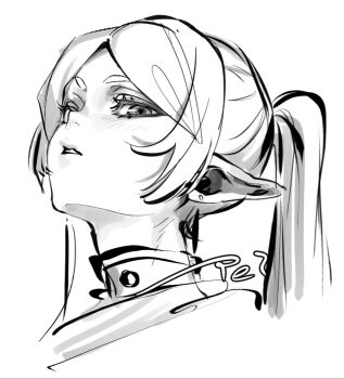 1girl earrings elf frieren greyscale head_tilt highres jewelry light_blush looking_at_viewer meme monochrome parted_bangs parted_lips pointy_ears sidelocks sketch solo sousou_no_frieren tei(_te_i_328) twintails upper_body upward_angle_frieren_drawing_(meme) white_background