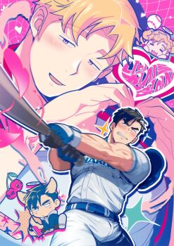 2boys absol_(dkqthf) animal_ears ball bara baseball baseball_(object) baseball_bat baseball_cap baseball_uniform belt biceps blonde_hair blue_eyes blue_theme blush brown_hair bulge cherry chibi chibi_inset clenched_teeth color_contrast dog_ears dog_tail food frown fruit gloves halo hat heart heart_hands kemonomimi_mode large_bulge male_focus multiple_boys multiple_views muscular muscular_arms muscular_male original pants parted_lips pink_theme shirt sparkle sportswear sweat swinging_baseball_bat tail tail_wagging teeth thick_eyebrows traditional_halo unworn_hat unworn_headwear veins veiny_arms white_pants white_shirt