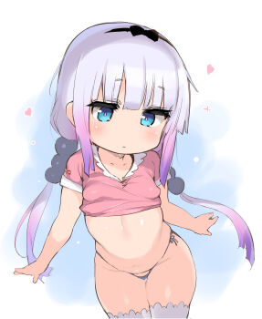 1girl atte_nanakusa black_panties blue_eyes blunt_bangs breasts clothes_lift commentary_request covered_erect_nipples cowboy_shot expressionless female_focus foreshortening hair_ornament hair_ribbon highres kanna_kamui kobayashi-san_chi_no_maidragon leaning_forward light_purple_hair loli long_hair low_twintails micro_panties navel no_pants panties revision ribbon shirt_lift side-tie_panties simple_background small_breasts solo sphere_hair_ornament standing string_panties thigh_gap thighhighs thighs twintails underwear white_thighhighs