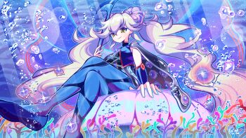 1girl ascot blue_pantyhose bracelet breasts bubble closed_mouth coral crossed_legs double_bun dress duel_monster hair_bun highres holding holding_polearm holding_weapon hyeonin_gentora jewelry long_hair looking_at_viewer marincess_aqua_argonaut medium_breasts pantyhose polearm sitting sleeveless sleeveless_dress smile solo underwater very_long_hair weapon white_hair yu-gi-oh!