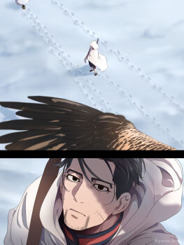 Rule 34 | 1boy, absurdres, bird, black eyes, black hair, cloak, closed mouth, commentary request, facial hair, footprints, from above, goatee stubble, golden kamuy, hawk, highres, hood, hood up, hooded cloak, looking up, male focus, multiple views, ogata hyakunosuke, snow, stubble, washiko (rasuko), winter