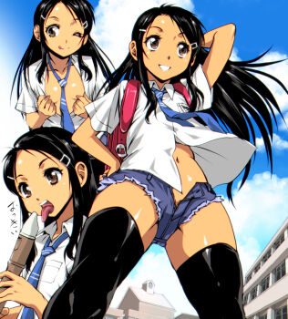 1girl ;p arm_behind_head backpack bad_id bad_pixiv_id bag black_hair blue_necktie blush breasts brown_eyes cleavage clone day denim denim_shorts flute hair_ornament hairclip hand_on_own_hip holding_flute holding_instrument instrument kamisimo_90 long_hair md5_mismatch multiple_views navel necktie no_bra no_panties one_eye_closed open_mouth original outdoors parted_bangs recorder sexually_suggestive shirt_tug short_shorts short_sleeves shorts sidelocks small_breasts smile tanned_girl_(kamisimo_90) thighhighs tongue tongue_out unbuttoned unzipped