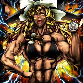 1girl arm_up blonde_hair bow braid breasts cho_marisa dark_skin dark-skinned_female female_focus hair_bow hat kirisame_marisa long_hair manly mini-hakkero muscular muscular_female nekoarashi old_spice open_mouth parody side_braid solo tongue touhou witch witch_hat yana_(nekoarashi) yellow_eyes