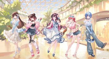 5girls absurdres azki_(hololive) azki_(holonatsu_paradise)_(hololive) bag black_camisole black_choker black_hair blue_arm_warmers blue_eyes blue_jacket blue_pants blue_sailor_collar blue_shoes blue_shorts blue_sky bow brown_hair camisole choker closed_mouth colored_inner_hair commentary_request denim denim_shorts double-parted_bangs double_bun dress eyewear_on_head feet fingerless_gloves flower flower_hairpin full_body gloves gradient_hair green_eyes hair_between_eyes hair_bow hair_bun hair_flaps hair_flower hair_ornament hand_on_own_hip hand_up high_heels highres hololive hoshimachi_suisei hoshimachi_suisei_(holonatsu_paradise) indoors jacket jeans leg_warmers long_hair looking_at_viewer mechanical_legs midriff multicolored_hair multiple_girls navel noir_eku off_shoulder official_alternate_costume official_alternate_hair_length official_alternate_hairstyle official_art open_mouth outside_border pants pink_hair pink_jacket pink_shirt pink_shoes pleated_skirt purple_eyes roboco-san roboco-san_(holonatsu_paradise) sailor_collar sailor_dress sakura_miko sakura_miko_(holonatsu_paradise) sandals second-party_source shirt shirt_tucked_in shoe_soles shoes short_hair short_twintails shorts shoulder_bag single_side_bun skirt skirt_hold sky sleeveless sleeveless_dress smile sneakers streaked_hair sunglasses t-shirt thigh_strap toes tokino_sora tokino_sora_(holonatsu_paradise) torn_clothes torn_jeans torn_pants twintails virtual_youtuber white_dress white_hair white_leg_warmers white_shirt white_shoes