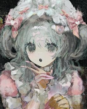 1girl amagi_xx black_background dress frilled_dress frills grey_eyes grey_hair hat highres long_hair open_mouth portrait ribbon twintails v