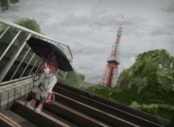 1girl ahoge animal_ears black_socks black_umbrella brown_hair casual closed_mouth commentary_request eakon_7bit gran_alegria_(casual)_(umamusume) gran_alegria_(umamusume) grey_sky hair_ornament hand_on_own_face head_rest highres holding holding_umbrella hood hoodie horse_ears horse_girl kneehighs looking_at_viewer official_alternate_costume outdoors overcast pink_skirt print_hoodie railing rain real_world_location scenery short_hair sitting sitting_on_stairs skirt sky smile socks solo stairs tokyo_(city) tokyo_tower tower tree umamusume umbrella under_umbrella v white_hoodie white_streaks x_hair_ornament