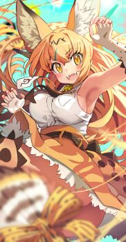 1girl :d absurdres animal_ear_fluff animal_ears armpits belt blonde_hair blurry blurry_foreground blush breast_pocket breasts commentary depth_of_field dragon_serval_(kemono_friends) extra_ears fangs fingerless_gloves gloves hair_between_eyes hands_up highres japari_symbol kemono_friends kemono_friends_3 large_breasts long_hair looking_at_viewer melaton necktie open_mouth orange_eyes orange_skirt pocket shirt skirt sleeveless sleeveless_shirt smile solo tail white_shirt