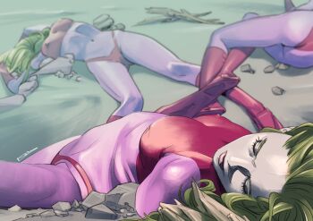 3girls ass blonde_hair bodysuit breasts closed_mouth commission highres ikeda_kazuhiro lips long_hair multiple_girls pink_bodysuit skeb_commission space_adventure_cobra unconscious