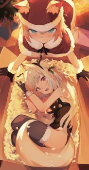 2girls absurdres animal_ear_fluff animal_ears blonde_hair blue_eyes box breasts christmas commentary dog_ears dog_girl dog_tail english_commentary fur_trim fuwawa_abyssgard gloves hat highres hololive hololive_english horns large_breasts leotard long_hair looking_at_viewer mococo_abyssgard multicolored_hair multiple_girls pink_eyes pink_hair recklessdraw santa_costume santa_hat siblings sisters streaked_hair tail thighhighs twins virtual_youtuber