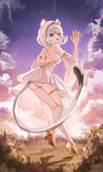 Rule 34 | 1girl, absurdres, alternate costume, animal ears, animal hood, ass, blue eyes, breasts, cat ears, cat girl, cat tail, cipher (honkai: star rail), cloud, cloudy sky, coin, commentary, detached sleeves, dress, english commentary, from behind, full body, grass, grey hair, high heels, highres, holding, holding coin, honkai: star rail, honkai (series), hood, leaf, looking back, mavimavi art, medium breasts, open mouth, purple sky, shadow, sky, tail, thigh strap, thighs, underbutt, v-shaped eyebrows