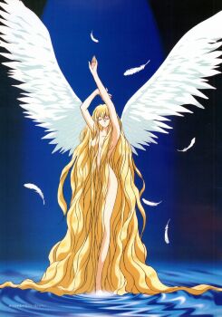 1girl absurdly_long_hair absurdres angel angel_wings arms_up artbook blonde_hair closed_eyes commentary english_commentary feathered_wings feathers full_body highres long_hair nude original ripples scan solo standing standing_on_liquid tadano_kazuko third-party_source very_long_hair white_feathers white_wings wings