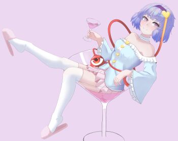 aki_shiawaze black_hairband blouse blue_shirt buttons cup disembodied_linked_eye drinking_glass eyeball frilled_shirt_collar frilled_sleeves frills hair_ornament hairband heart heart_button heart_hair_ornament highres holding holding_cup in_container in_cup komeiji_satori leg_up looking_at_viewer pink_background pink_eyes pink_hair pink_skirt ribbon-trimmed_collar ribbon_trim shirt simple_background skirt subterranean_animism thighhighs touhou white_thighhighs